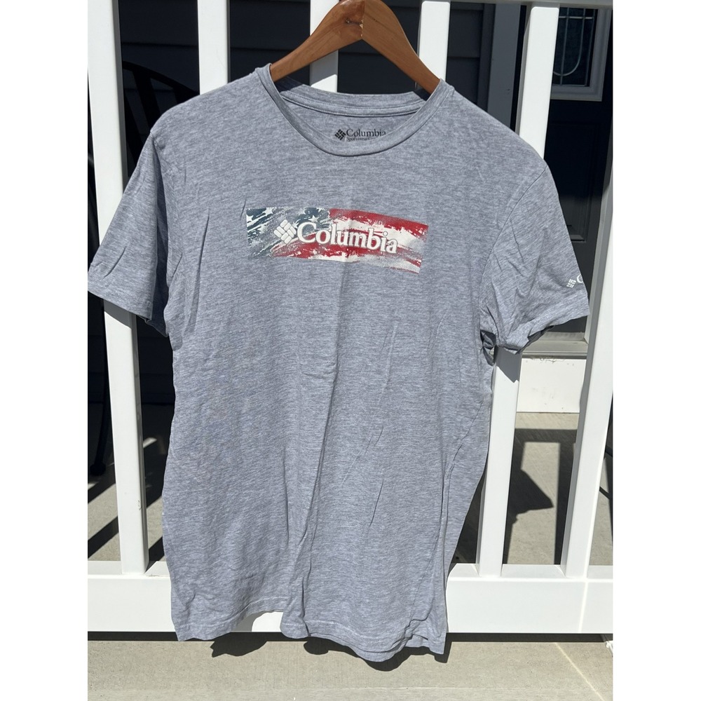 Columbia Sportswear Mens Gray American Flag Graphic T-Shirt Large L Distressed